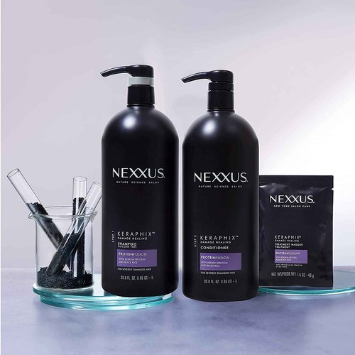 Nexxus Keraphix Shampoo and Conditioner - Damaged Hair Treatment System with Keratin Protein and Black Rice, 2 Count & 3 Repair Masks Treatment, 33.8 oz, 1.5 oz, 3 Count, 5 Count ( Pack of 1)
