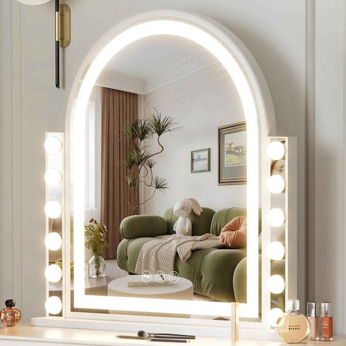 Hansong Hollywood Vanity Mirror with Lights 22.4"x23.4" Arched Lighted Makeup Mirror with Lights 12 Dimmable Bulbs Three Color Lighting Modes Detachable 10X Magnification Smart Touch Control