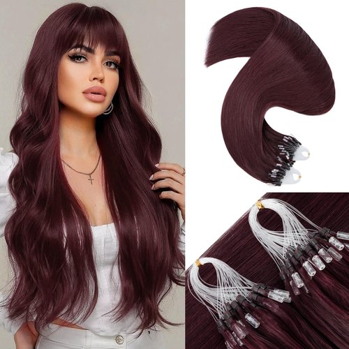 Benehair Micro Loop Hair Extensions Real Human Hair Wine Red Microlink Hair Extensions Human Hair 24inch Micro Link Hair Extensions for Women Invisible Natural Hair Extensions Add Volume