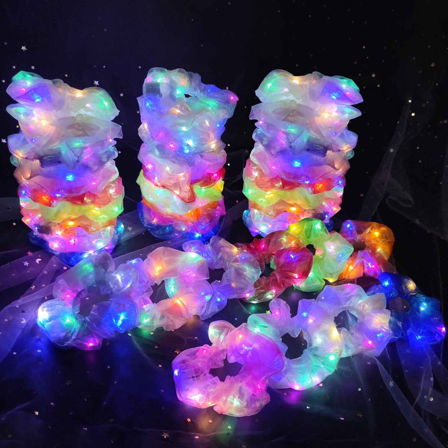 40Pcs Light Up Scrunchies with 24Pcs Satin Elastic Hair Bands, LED Hair Ties for Women & Girls, Glow in the Dark Party Supplies Christmas Party Favor Festival Rave Accessories for Neon Glow Party