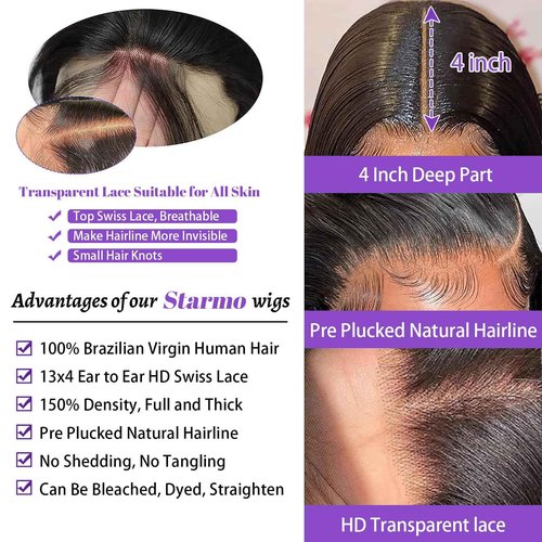 Starmo Body Wave 13x4 HD Lace Front Human Hair Wigs for Women 150% Density Glueless Natural Black 24 Inch