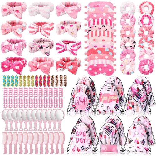Janinka 108 Pcs Spa Party Favors Supplies Bulk, Include Pink Spa Headband, Scrunchies, Eye Mask, Nail File, Toe Separator, Comb, Mirror, Drawstring Bag for Sleepover Slumber Party Gift(Striped)