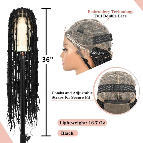 Lexqui 36" Knotless Box Braided Wigs for Women Butterfly Lace Braided Wigs Embroidery Full Double Lace Front Braided Wig with Baby Hair Synthetic Lace Frontal Braiding Hair Wigs Black