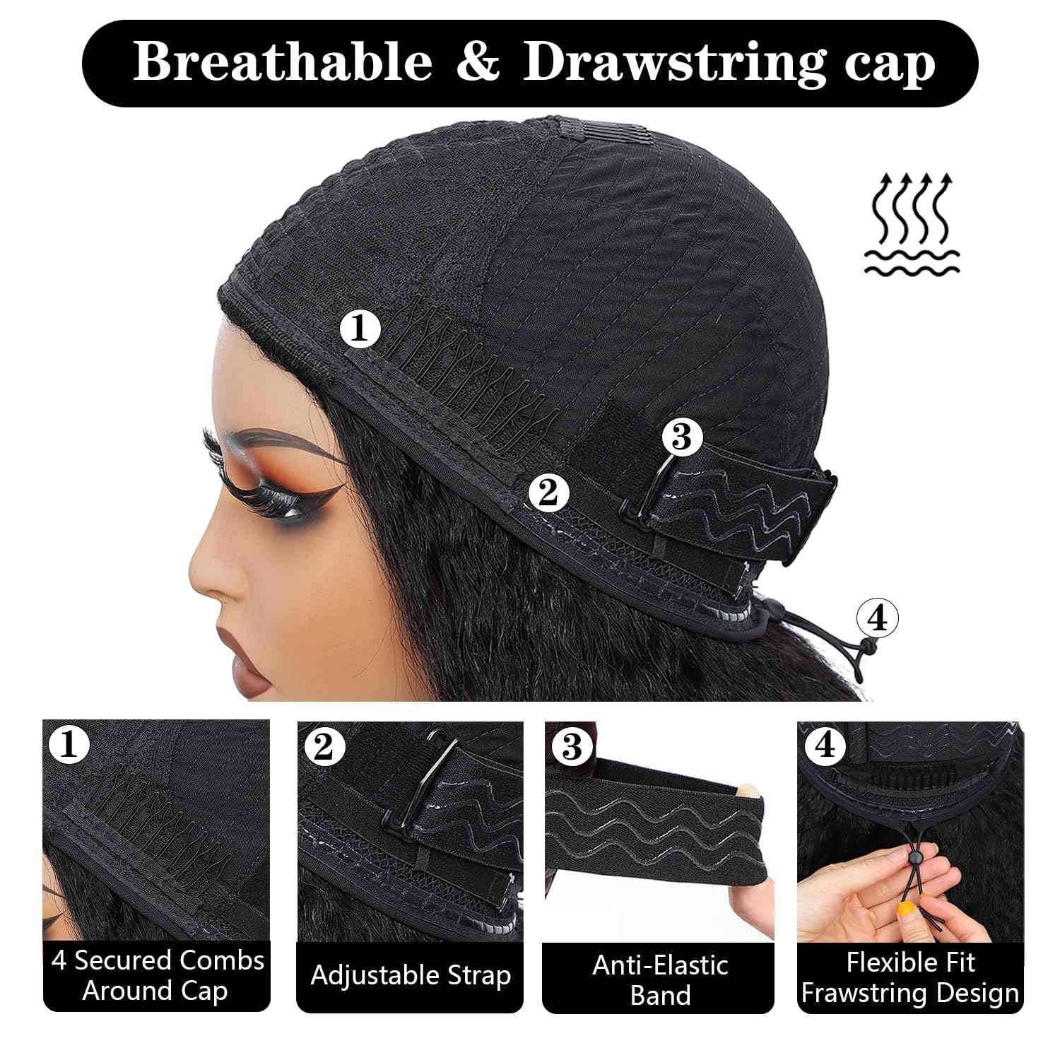 200 Density Kinky Straight Half Wig Human Hair 18 Inch,Yaki Straight 3 In 1 Seamless Flip Over Half Wigs Human Hair Glueless Wear Go Beginner Friendly Curly Half Wig Drawstring Headband Wig for Women