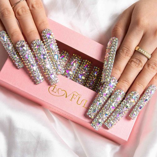 LOVFUL Press on Nails Eternal Stunning | Handmade with Full Covered Crystals | Reusable Fake Nails | Square Long 2.2 in | H46-M