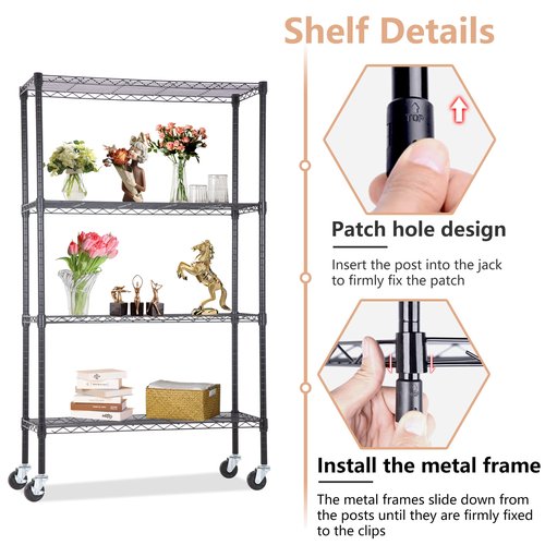BestOffice | 4-Tier Wire Storage Shelves with Wheels | 36x14x62 | Black | Adjustable Racks | Heavy-Duty Metal Shelf, Holds Upto 500 lbs | No-Tool Assembly | Ideal for Home & Garage Shelving