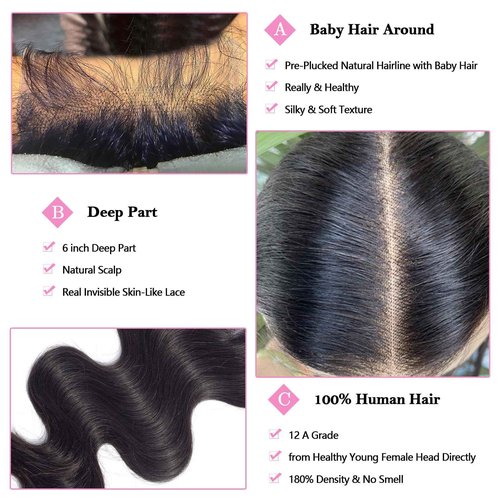 16 Inch 5x5 HD Lace Closure Only Body Wave 12A Brazilian Skin-Like Closure Human Hair 100% Virgin Remy Hair Frontal HD Lace Pre Plucked With Baby Hair Natural Black