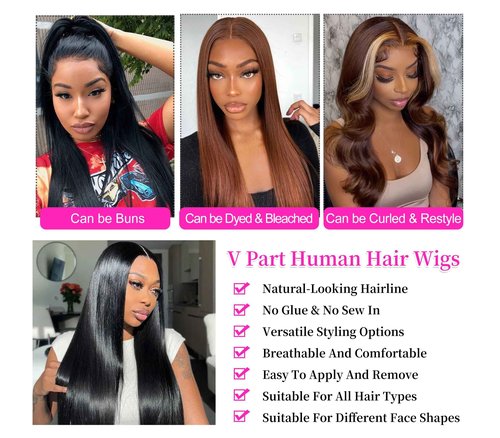 Aolvoblees V Part Wigs Human Hair Straight Minimal/No Leave Out Upgrade U Part Wig for Black Women 200% Density No Lace No Glue No Sew Clip in Half Wig Natural Black 26 Inch