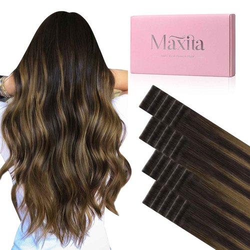 MAXITA Invisi Edge Tape in Hair Extensions Human Hair 16 Inch 50g 20pcs Balayage Dark Brown to Chestnut Brown Seamless Invisible injected tape in hair extensions Silky Smooth