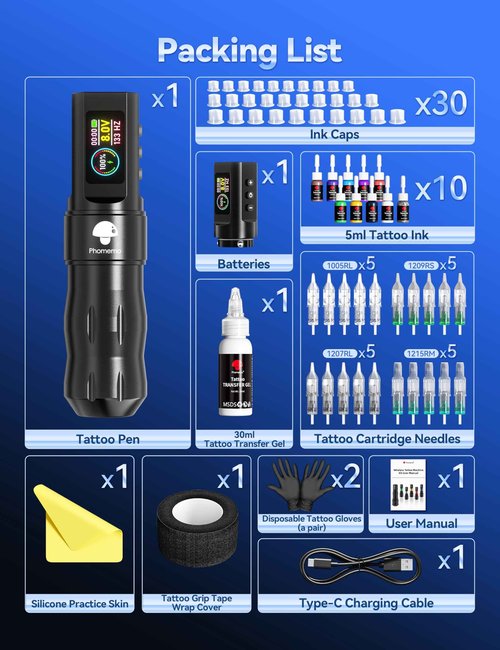Phomemo Tattoo Gun Kit, Wireless Tattoo machine Kit for Beginners Complete Set, Tattoo Pen with 20 Tattoo Cartridge Needles, Tattoo Practice Kit with 1 Batteries