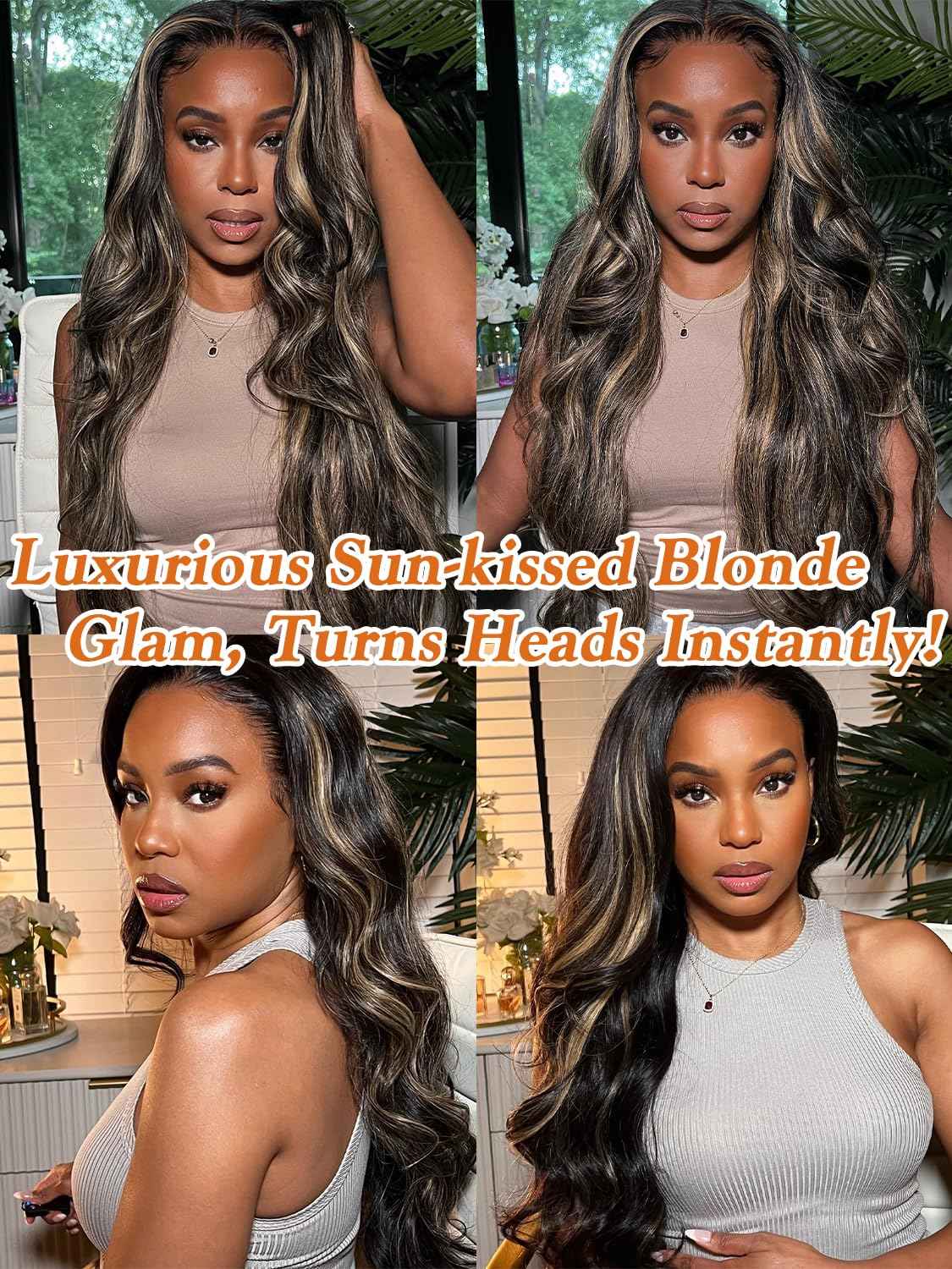 Honey Blonde Highlight Body Wave 2x6 Closure with Bundles 12 14 16 +10 Inch, 1b/27 Black and Blonde Balayage Loose Wave Sew In Weave Bundles with HD Lace Closure