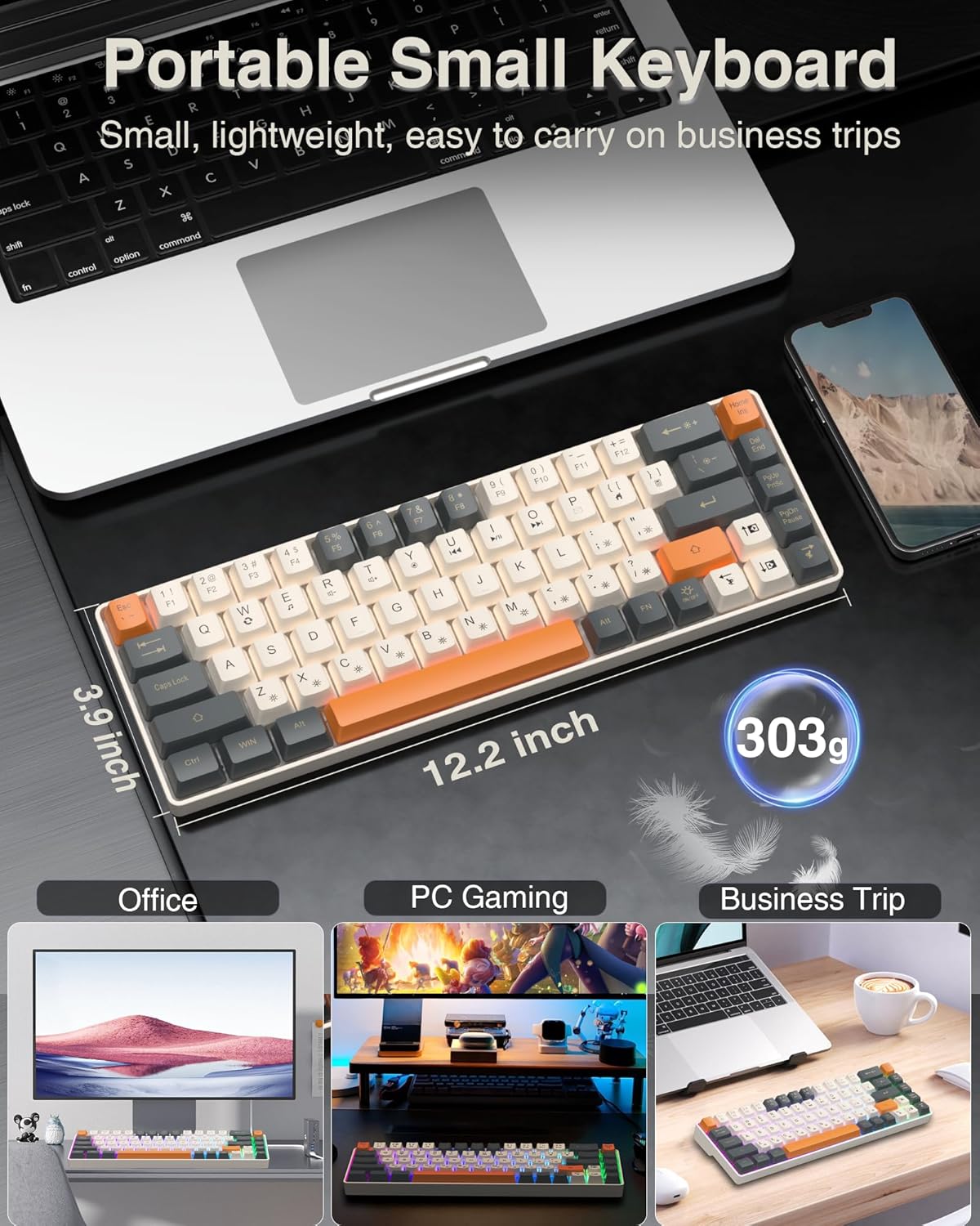 60% Gaming Keyboard,Small Keyboard USB-C Wired,Compact Mini Teclado Gamer,68 Keys RGB Backlit Portable Membrane Keyboards for Business Trips,Office,PC Games (SK968,White)