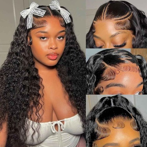 XVE 13x4 Deep Wave Lace Front Wigs Human Hair 200 Density HD Lace Frontal Wig For Women Brazilian Hair Curly Wigs Natural Black Color 28 Inch