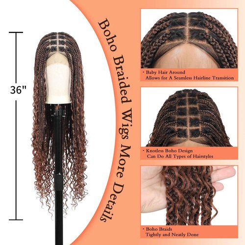 Brinbea 13x8'' HD Lace Front Braided Wigs for Women Knotless Boho Braided Wigs with Baby Hair Brown Box Braid Wig Long Human Hair Blended Braid Lace Front Wigs 36 Inch