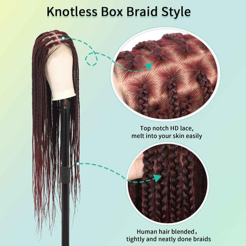 Fecihor 360° HD Full Lace Knotless Braided Wigs for Women Box Braid Wig with Baby Hair Premium Synthetic Natural Looking Burgundy Braided Lace Front Wigs 36 Inch