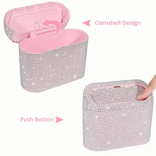 Accmor Bling Car Trash Can with Lid, Leakproof Mini Vehicle Trash Bin Automotive Dustbin Organizer Storage, Sparkling Crystal Rhinestone Trash Bag Container with 30pcs Garbage Bags Car Accessories