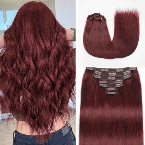 Mocona Clip in Hair Extensions Real Human Hair, Burgundy Red – 20 Inch 7pcs 160g/Pack, Soft Real Human Hair Clip in Extensions Straight for Women, Suitable for all Hair Types (#99J 20 Inch)
