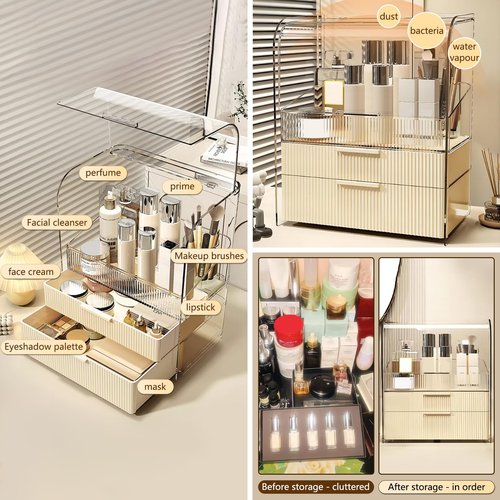 DASITON Clear Cover Dustproof Three layers Storage Box,Makeup Brush Holder,Large Capacity Desktop Storage Box with Drawer,for Beauty Products,Perfume,Jewelry,Nail Polish