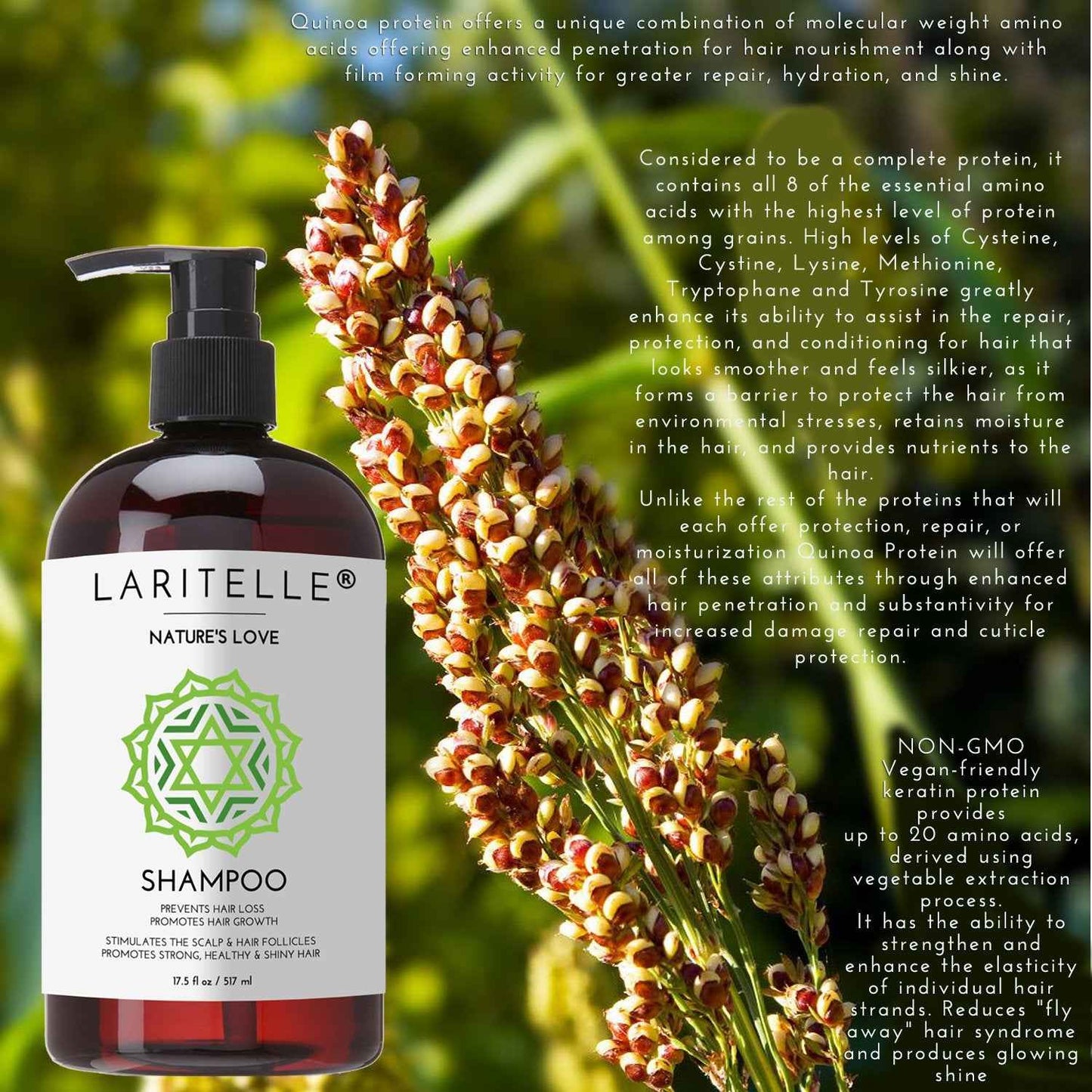 Laritelle Organic Shampoo 17.5 oz | Organic Quinoa + Keratin + Follicle Stimulating Rosemary, Ginger & Grapefruit | Hair Loss Prevention, Clarifying, Softening, Strengthening | NO GMO. Vegan