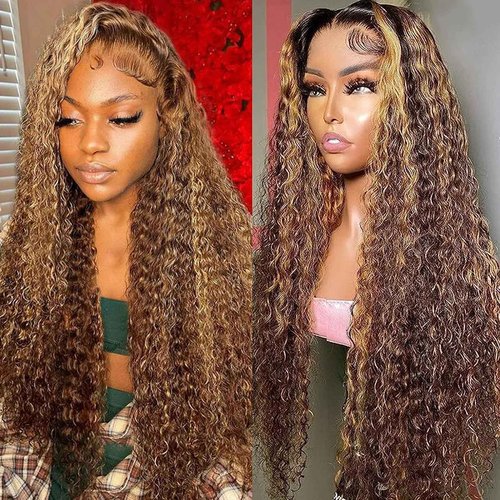Labamiya Highlight Jerry Curly Human Hair Wig 4x1 T Closure Glueless Wigs Human Hair Pre Plucked Pre Cut Lace Closure Glueless Wigs Elastic Band 200% Density P4/30 Honey Blonde Color