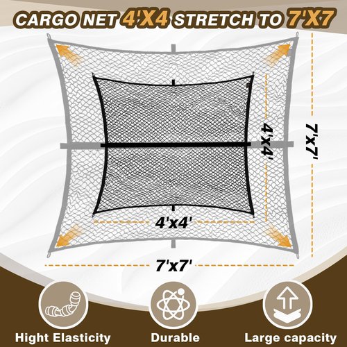 Muslogy Truck Bed Cargo Net Compatible with Pickup Truck Bed Organizer Stretchable 4'x4' to 7'x7' High Elastic Heavy Duty Upgraded Reinforced Storage Net with 10 Metal Carabiners (Single Layer)