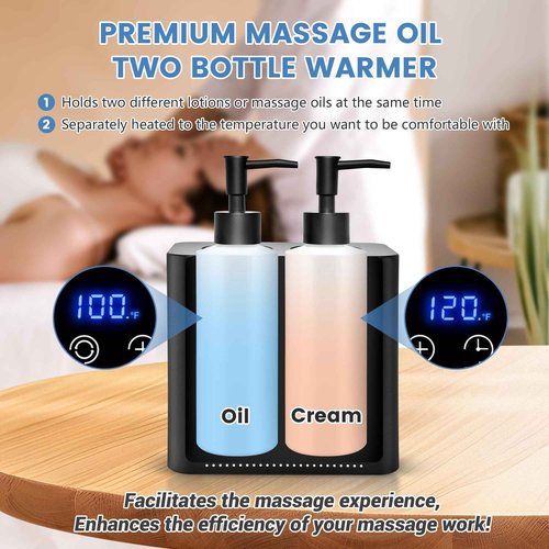 Massage Oil Warmer Double Bottle Professional Electric Lotion Digital Heater for SPA, Portable Oil Warmer Heated Cream for Beauty Salon Home, with ℃/℉ Switchable Display, Four Dispenser Bottle