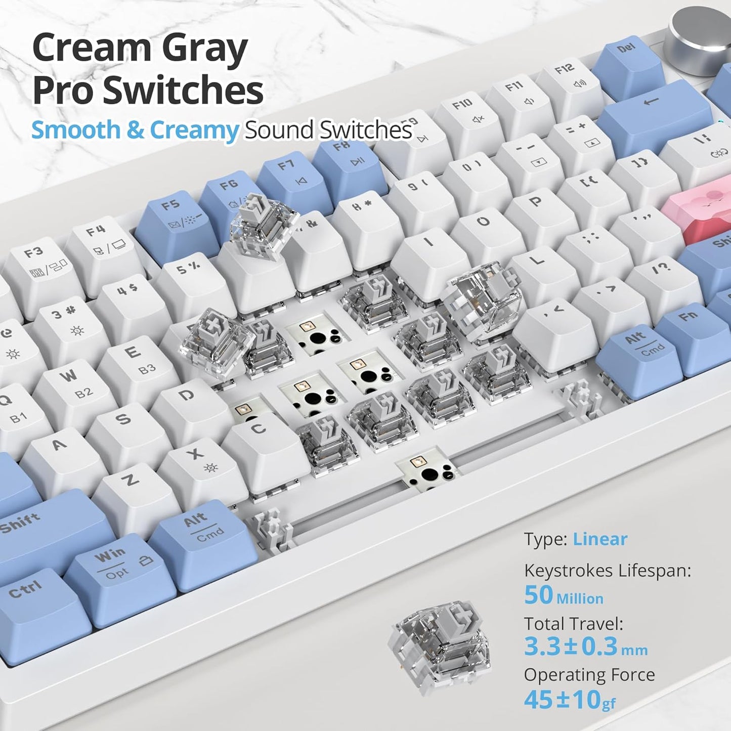 400PRO 75% Wireless Black Blue Gaming Keyboard, Gasket Hot Swappable RGB Mechanical Keyboard, Bluetooth/2.4GHz/USB-C Thocky Keyboard with Pre-lubed Cream Grey Switches (82 Black Blue-B)