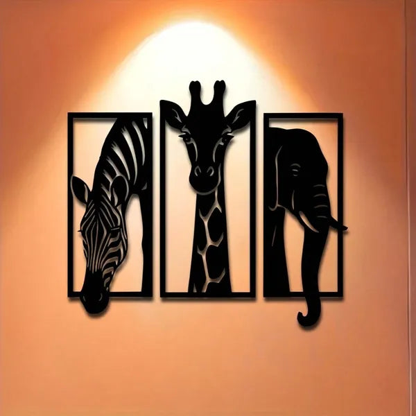 African Animal Metal Wall Art Set - Zebra Giraffe Elephant Decor - 3 Pieces