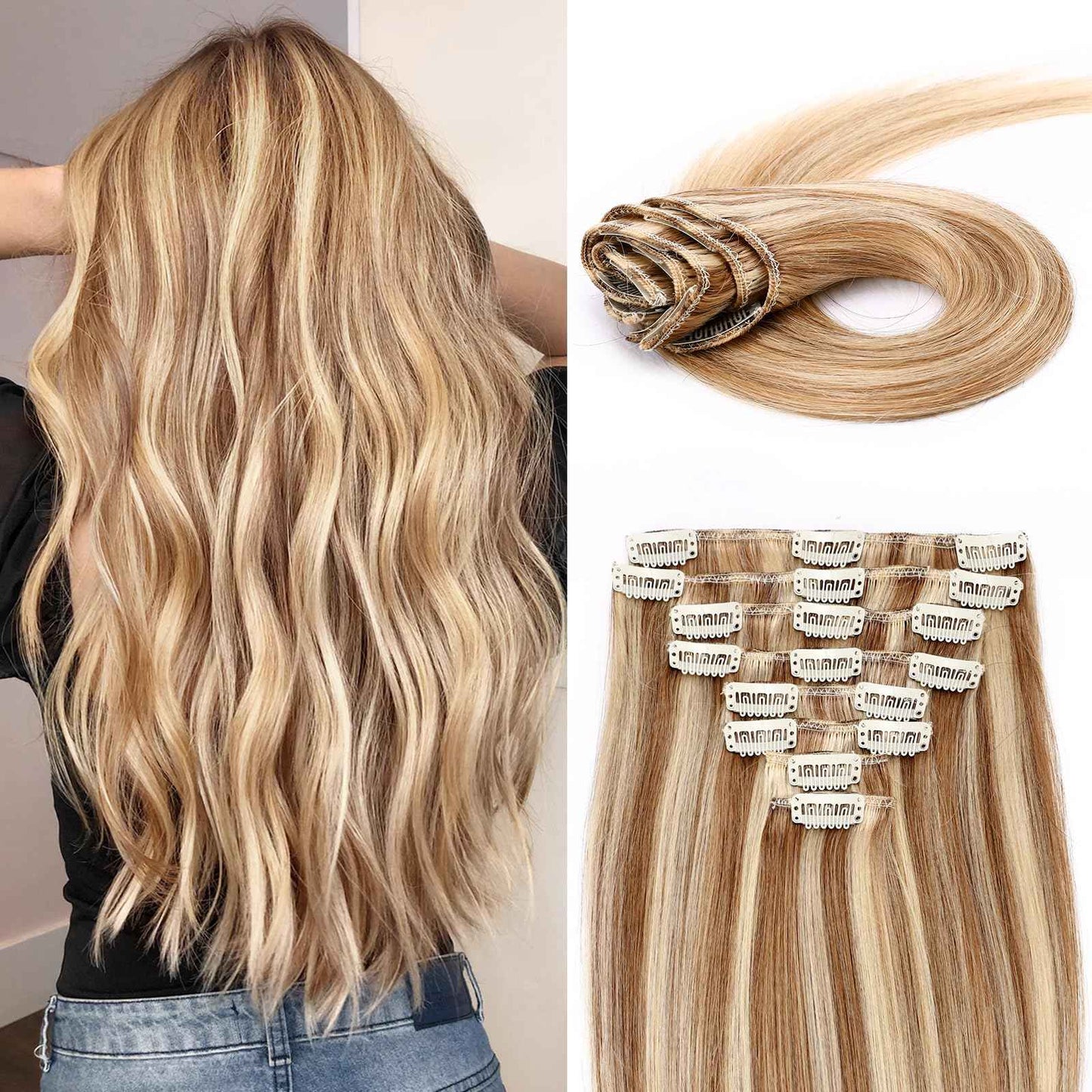 MY-LADY Clip In Hair Extensions Real Human Hair 16 Inch 8pcs Remy Real Hair Extension Clip ins #12/613 Light Brown with Bleach Blonde 90g Silky Straight