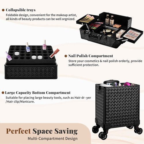 JINGUAN 3 in 1 Rolling Makeup Train Case Professional Large Cosmetic Trolley Cosmetology Case on Wheels Traveling Cart Trunk for Hairstylist Artist Nail Beauty Salon Barber, Black