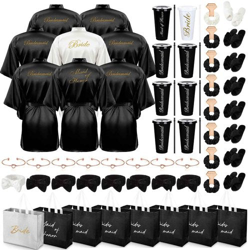 Shyyween 56 Pcs Bridesmaid Bride Robes Set of 8 Bridal Party Silk Satin Robes for Wedding Bachelorette Party Gifts(White,Black)