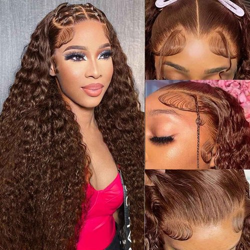Chocolate Brown Deep Wave Lace Front Wigs Human Hair 13X6 Lace Front Wigs Human Hair Pre Plucked 180% Density HD Transparent Lace Frontal Wigs For Women Colored Deep Curly (Chocolate Brown, 24 Inch)