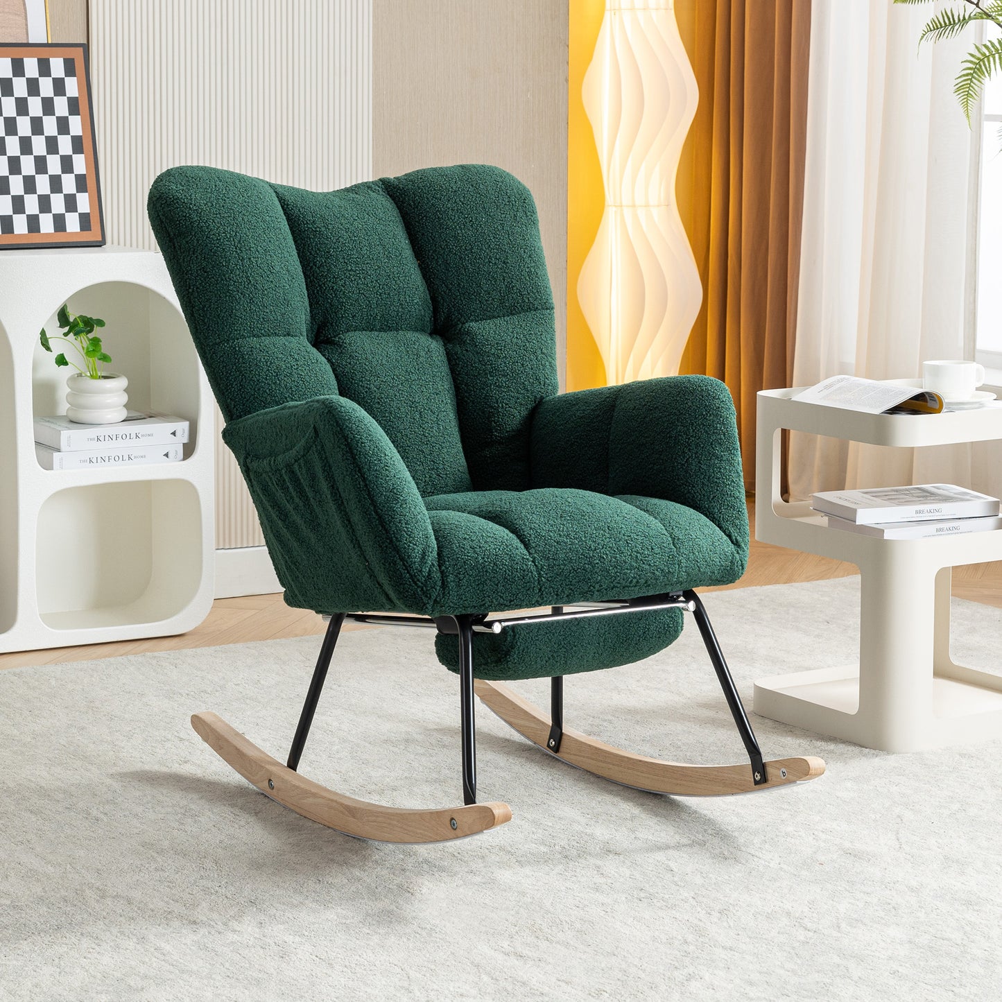 Teddy Fabric Rocking Chair with Adjustable Footstool - Green