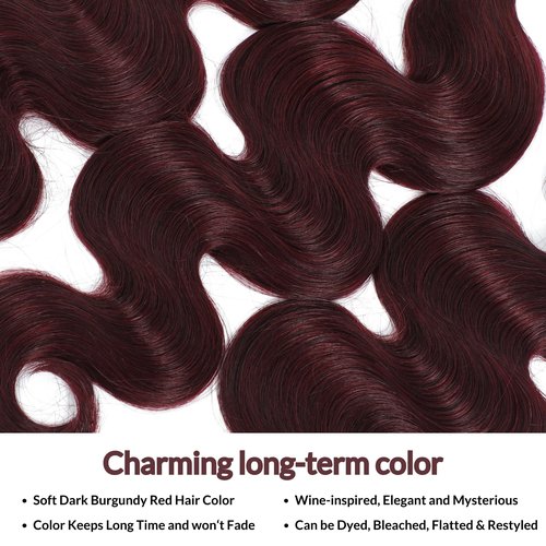 MOMOSHERO 99j Dark Burgundy Body Wave Bundles Human Hair 26 Inch, 12A Soft And Shiny Red Wine Colored Bundles 100% Brazilian Virgin Remy Hair Sew In Weave Single Human Hair Bundle Chic #99j Color