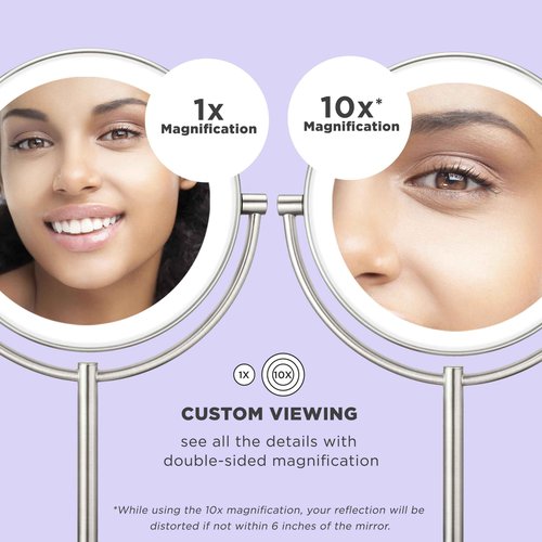 Conair Lighted Makeup Mirror, Double-Sided LED Vanity Mirror with 1X/10X Magnification, 3 Light Settings, 3 Modes, 360° Rotation, Satin Nickel Finish