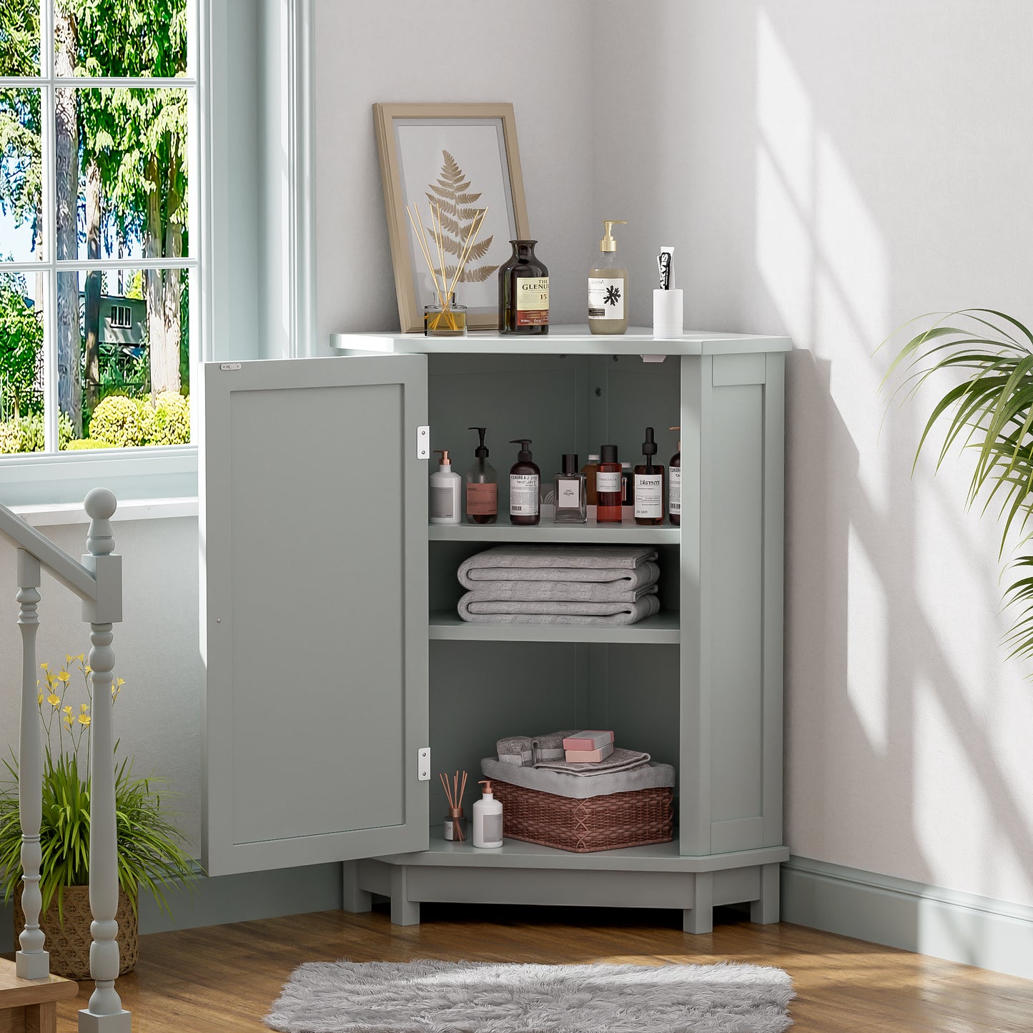 Gray Triangle Corner Bathroom Cabinet with Adjustable Shelf