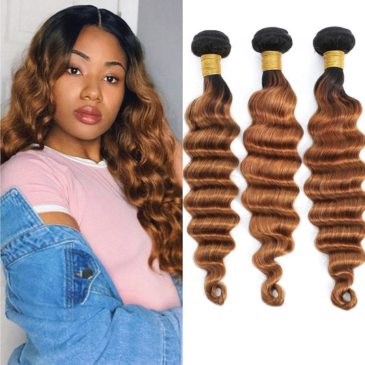 Ombre Loose Deep Wave Bundles Human Hair 1B/30 Unprocessed Brazilian Virgin Human Hair 3 Bundles Two-tone Dark Root Loose Wavy Curly Bundles For Women (T1B/30,18 20 22)