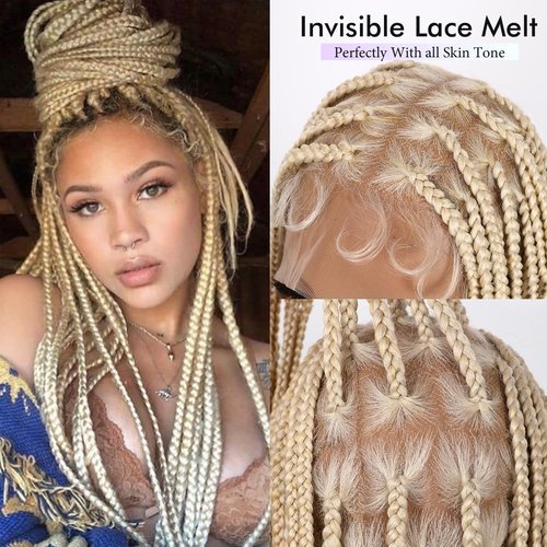 Lady Miranda Full Lace Braided Wigs for Black Women Knotless Box Braid Wig with Baby Hair 34" Glueless Wigs Jumbo Box Braids Lace Front Synthetic Wig (Blonde-box braid, 34 Inch)