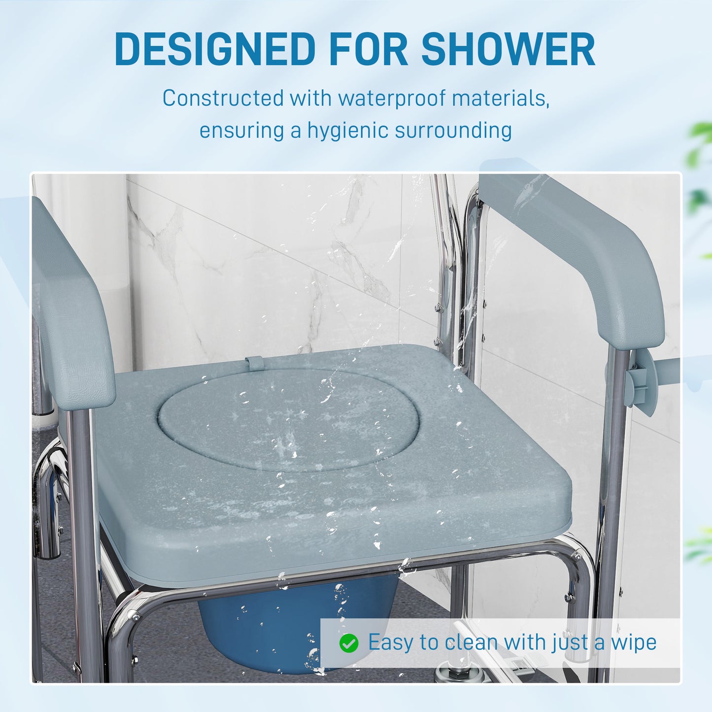 Rolling Shower Wheelchair for Seniors - 4-in-1 Commode Chair, Gray