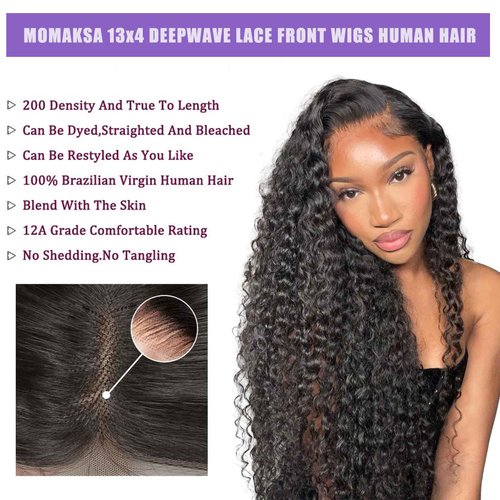 Momaksa 30 Inch 13X4 HD Lace Front Wigs Human Hair Deep Wave Wig for Women 200 Density Transparent Deep Wave Lace Front Wigs Glueless Curly Wigs Pre Plucked Full Lace Frontal Wigs With Baby Hair