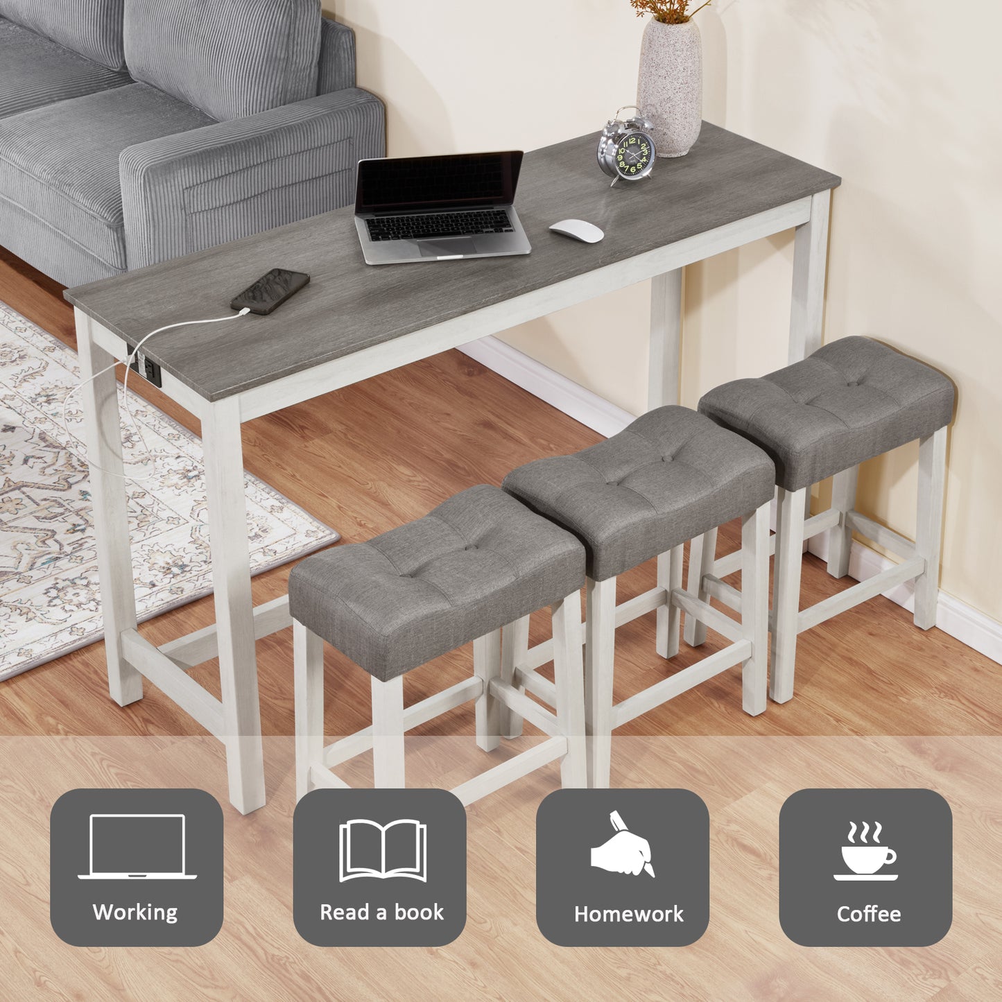 Bar Table Set with Power Outlet & 3 Padded Stools - Grey & White
