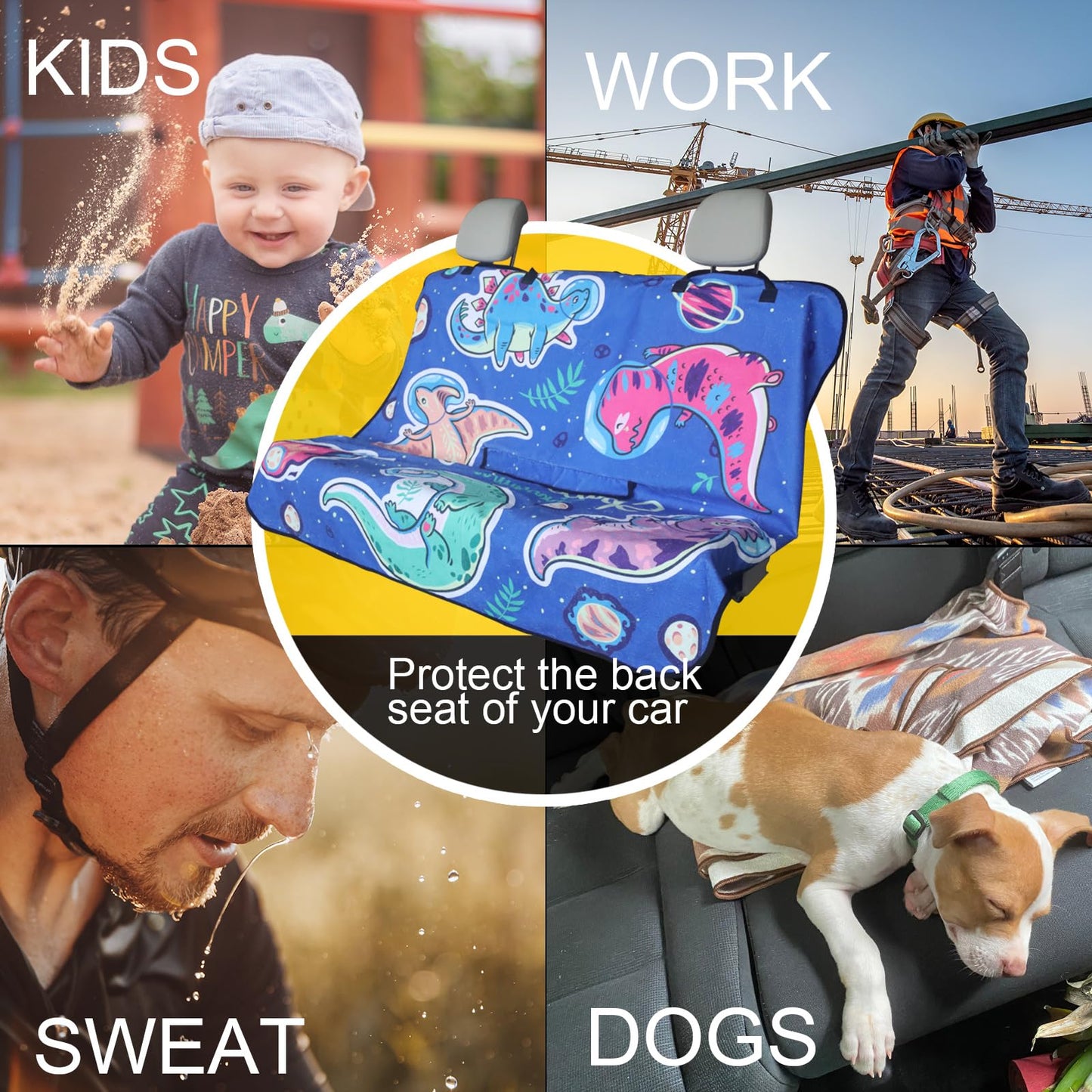 LoyaGour Back Seat Cover for Car Trucks Van SUV,Waterproof Rear Bench Towel Seat Covers for Dogs and Kids,Automotive Backseat Protector (Cartoon Dinosaur)