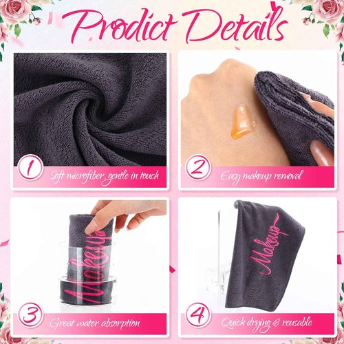 Preboun 96 Pack Makeup Remover Cloths, 13 x 13 Inch Makeup Towels Bulk Soft Microfiber Face Towels Reusable Makeup Washcloths with Makeup Embroidery for Women Skin (Gray)