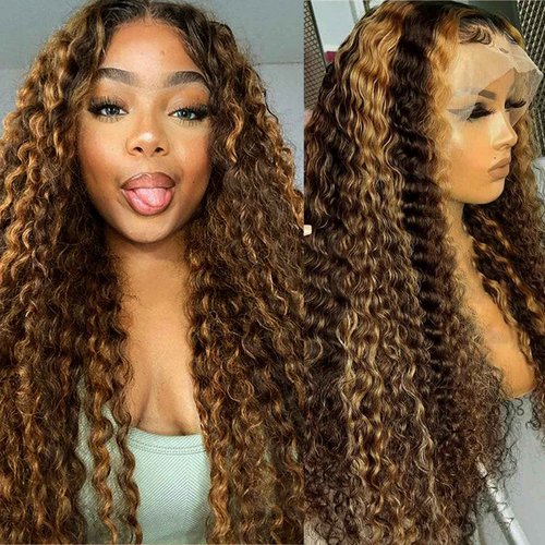 TESCOGOYS 4/27 Ombre Highlight 13x6 Lace Front Wig Human Hair 30inch Honey Blonde Deep Wave Lace Front Wigs Pre Plucked With Baby Hair 180% Density Curly Glueless Lace Front Wigs(30Inch)