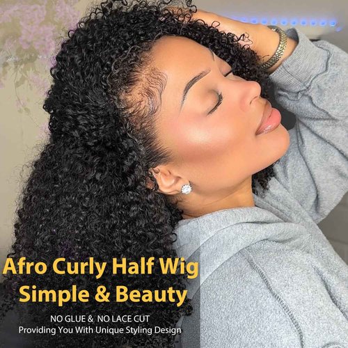 V SHOW Afro Curly 3 In 1 Half Wig Human Hair Elastic Drawstring Wear Go Glueless Kinky Curly Human Hair Half Wigs Friendly To Beginners 180% Density Natural Hairline Flip Over Wig 16Inch
