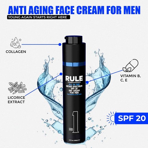 RULE COSMECEUTICALS No.1 Day Cream for Men, 10-in-1 Anti-Aging Face Moisturizer to Reduce Wrinkles & Dryness, SPF 20, Collagen, Vitamins B, C & E - Normal & Dry Skin - No Menthol, 50 mL