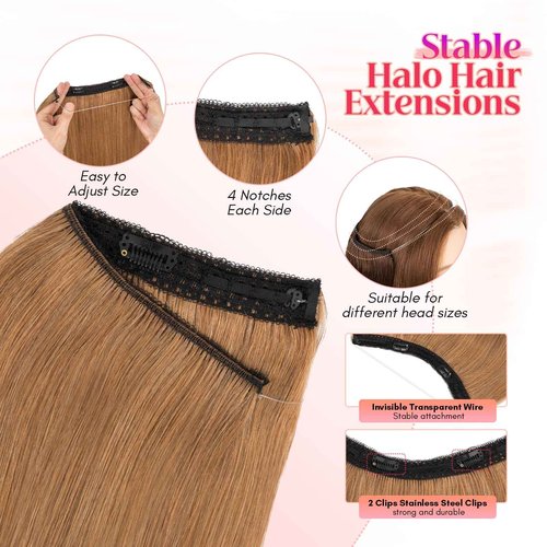 Rich Choices 100% Real Human Halo Hair Extensions for Women Remy Halo Extension Invisible Wire Hairpiece Clip in One Piece Hairpiece Upgrade Adds Weight 65g 12 Inch #6 Light Brown