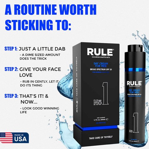 RULE COSMECEUTICALS No.1 Day Cream for Men, 10-in-1 Anti-Aging Face Moisturizer to Reduce Wrinkles & Dryness, SPF 20, Collagen, Vitamins B, C & E - Normal & Dry Skin - No Menthol, 50 mL