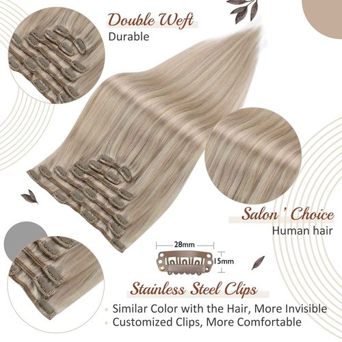 Full Shine Platinum Blonde Hair Extensions Clip in Human Hair Highlights Blonde Hair Clip in Hair Ash Blonde With Platinum Extensions Human Hair Easy to Wear