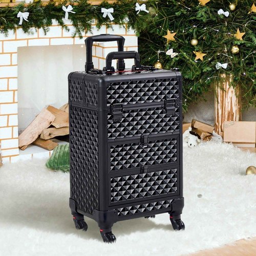 Yaheetech Rolling Makeup Train Case with Drawers Professional Nail Tech Travel Case Cosmetics Storage Organizer Beauty/Nail Art/Hair Styling Travelling Cart Trunk Black